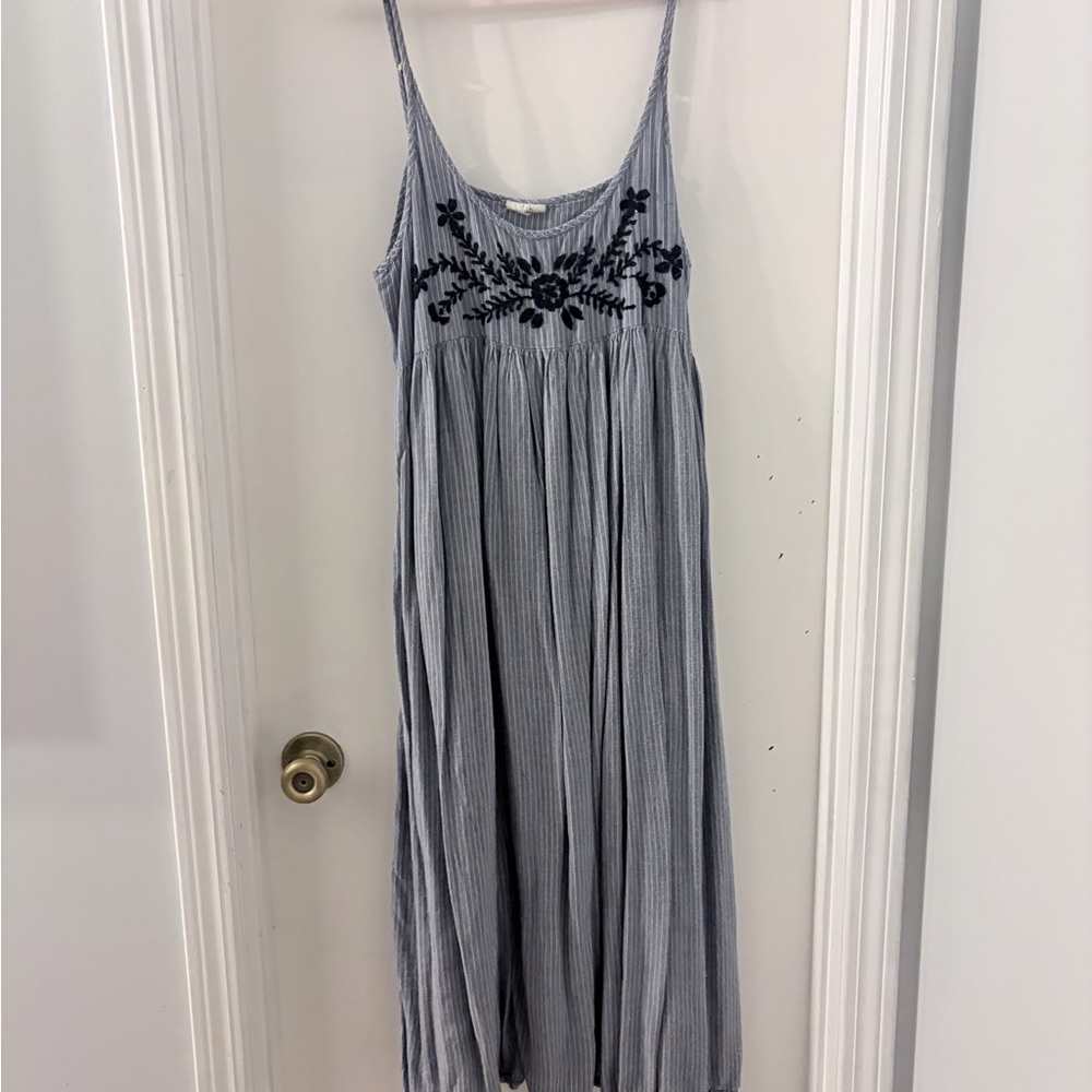 Natural Life Embroidered Blue Striped Maxi Dress